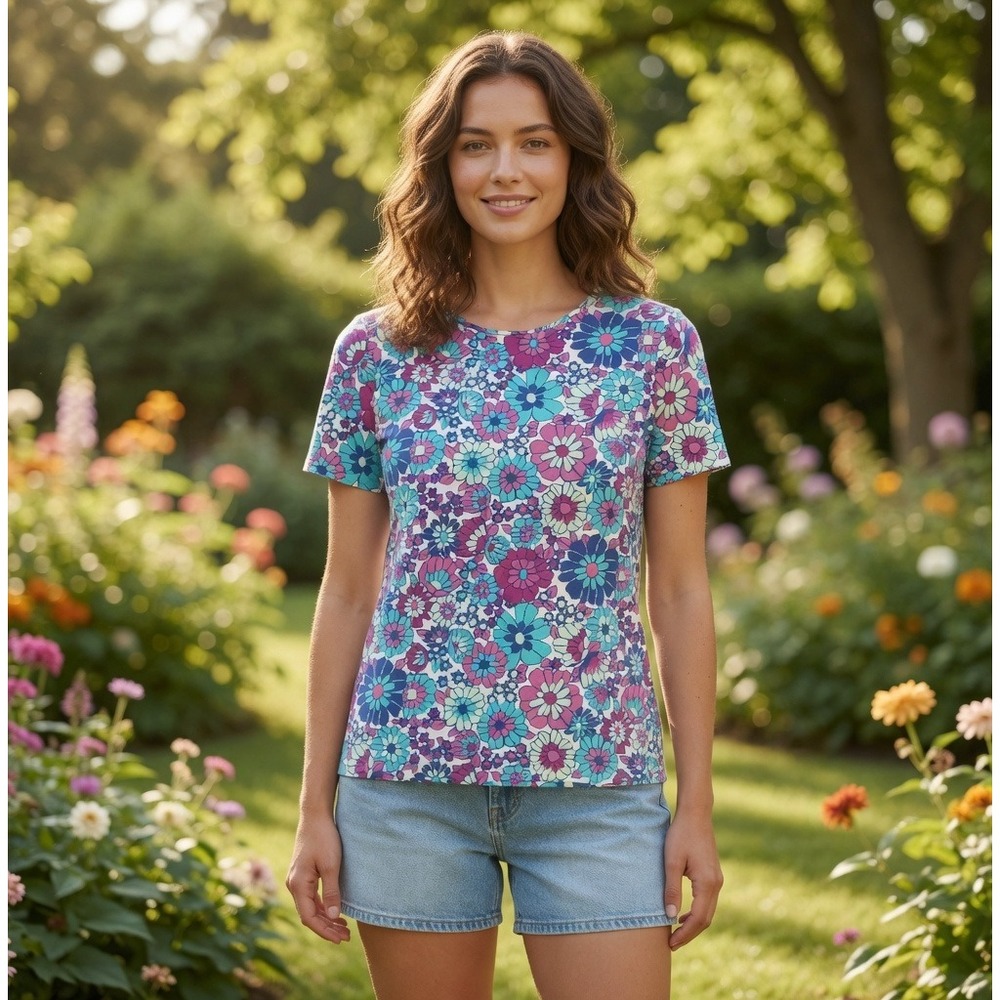 Talbots Tee Womens Large Floral Retro Short Sleeve Cotton Spandex Blue Purple